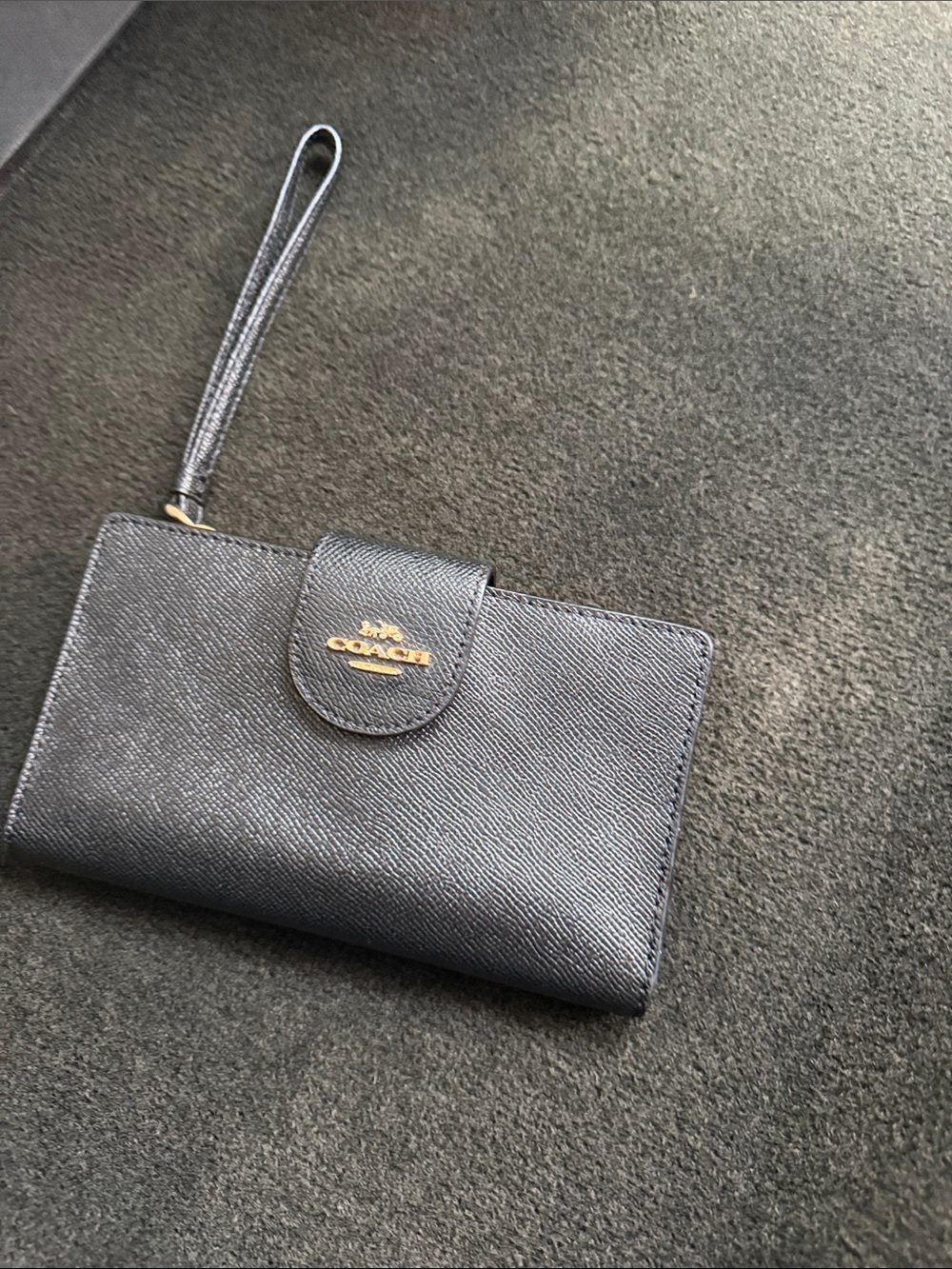 Coach Black Leather Wristlet Clutch with Gold Logo